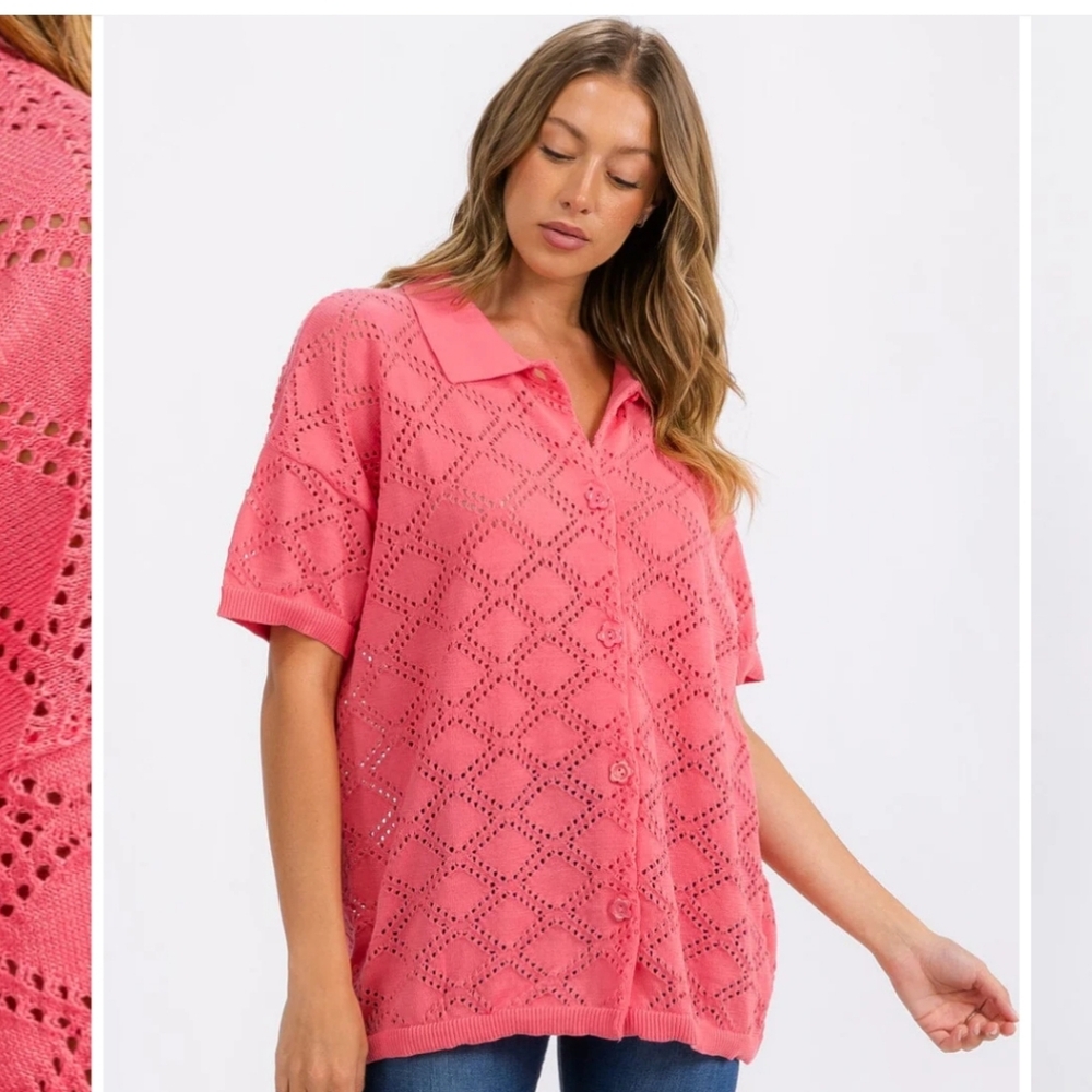 💕106 Open knit Button Up Top